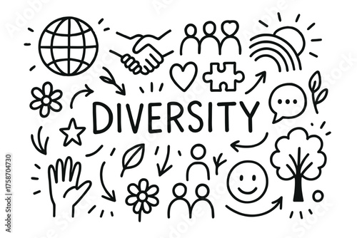 Diversity illustration with global, social, and nature symbols in black and white