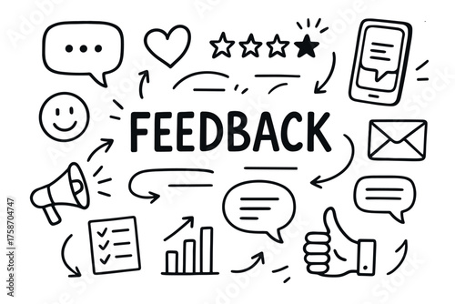 Feedback concept with icons: communication, ratings, messages, surveys, and engagement