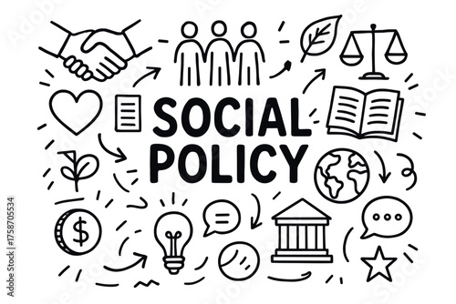 Doodle illustrations representing social policy concepts and icons