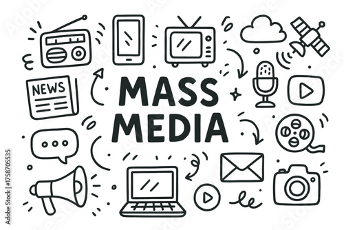 Mass media icons: radio, tv, laptop, and communication symbols in doodle style