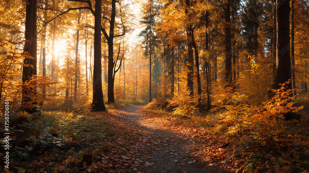 Fototapeta premium A winding path through a forest in autumn with golden leaves and sunlight shining through the trees
