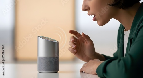 A woman interacts with a smart speaker, voice-activated technology, modern devices