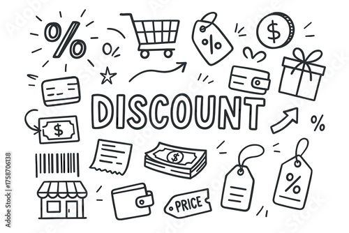 Discount icons: shopping, price tags, money, percentage signs, gifts, and wallet doodles