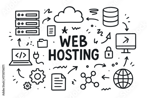 Web hosting concept with servers, cloud, database, and security elements in hand-drawn style