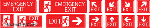 Emergency Exit Icon. SET Vector illustration of running man and exit door sign. Escape and evacuation symbol. Various exit sign isolated white background.Evacuation and relocation of people to safety.