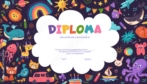 Colorful preschool and school diploma certificate for kids with doodle elements, crayon scribbles, and chalk drawings. Fun cartoon vector design for kindergarten or primary grade achievement award.