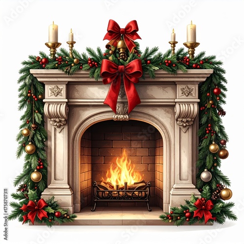 Festive Fireplace Decorated with Garland Ornaments Candles and Red Bows