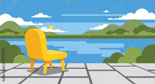 A vibrant yellow chair sits empty on a tiled patio.