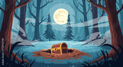 A mysterious treasure chest half-buried in the ground, glowing under moonlight.