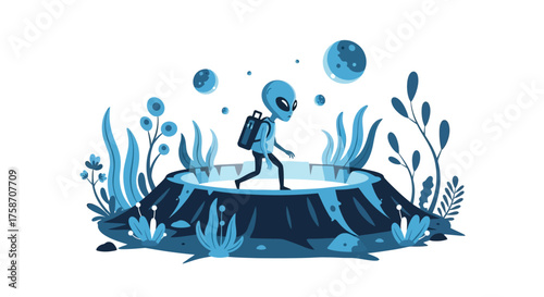 Alien Explorer on a Mysterious Planet with Backpack and Plants.