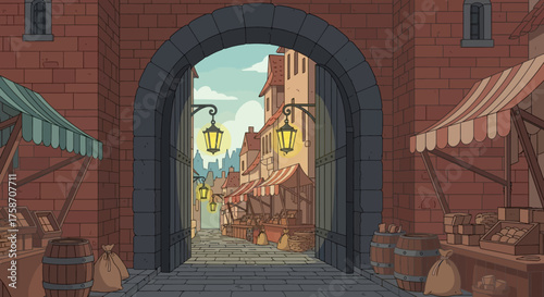 Archway leading to a bustling medieval market street with vendors and lanterns.