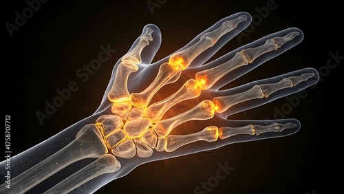 Digital x ray of a human hand showing inflamed joints with arthritis pain