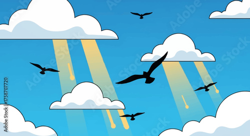 Birds Flying in a Cloudy Sky with Sun Rays.
