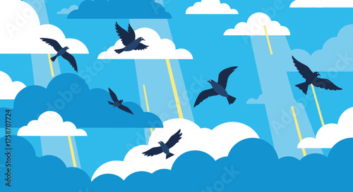 Birds Flying Through Cloudy Sky with Sun Rays.