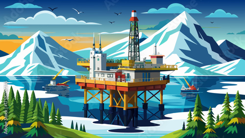 Very beautiful offshore oil rig standing tall in Cook Inlet, Alaska, surrounded by calm blue waters and distant snowy mountains under a soft cloudy sky, symbolizing industrial strength and Arctic 