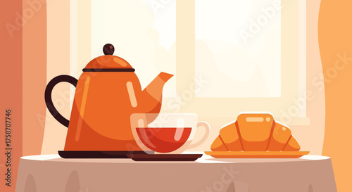 Breakfast Still Life - Teapot, Cup, and Croissant on Table.