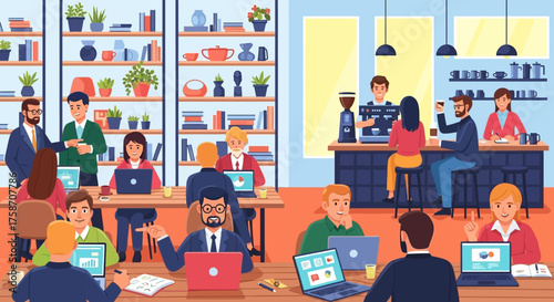 Busy Co-working Space with People Working and Socializing.