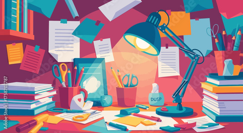 Busy Desk Scene with Lamp, Papers, and Stationery Illustration.