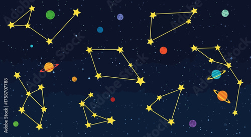 Bright yellow star constellations in dark blue night sky.