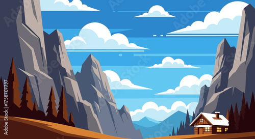 Cabin in the Mountains - A Serene Landscape Illustration.