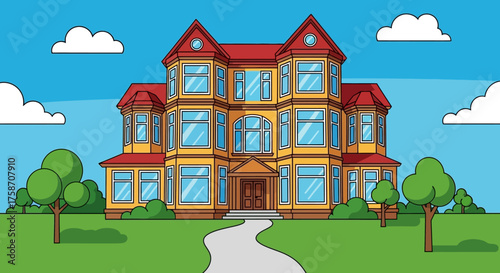 Cartoon Mansion with Red Roof and Lush Green Lawn Illustration.