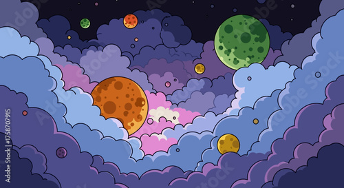 Cartoon Planets Floating Among Clouds in a Colorful Sky.