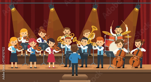Cartoon Orchestra Performance on Stage with Conductor and Musicians.