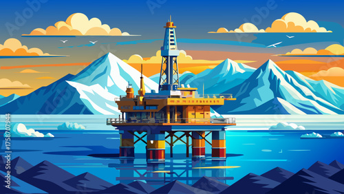 Very beautiful offshore oil rig standing tall in Cook Inlet, Alaska, surrounded by calm blue waters and distant snowy mountains under a soft cloudy sky, symbolizing industrial strength and Arctic 