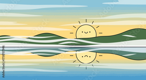 Cartoon Sun Reflecting on Water with Rolling Hills.
