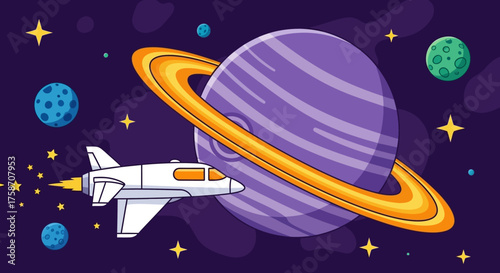 Cartoon Spaceship Flying Past Ringed Planet in Starry Space.