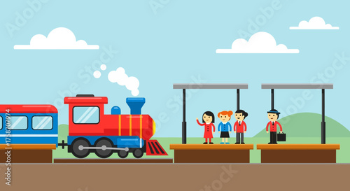 Cartoon Train Arriving at Station with Passengers Waiting.