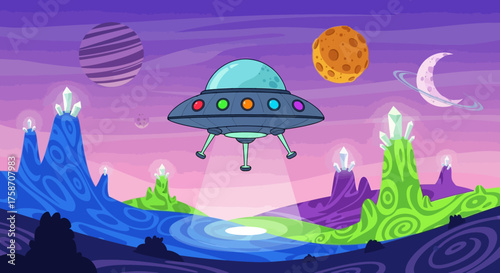 Cartoon UFO hovers over an alien landscape with planets and a crescent moon.