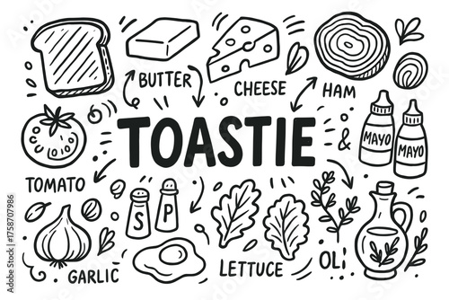 Doodle illustration of toastie ingredients with cheese, tomato, lettuce, and more