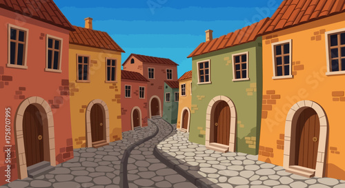 Charming Cartoon Town Street with Colorful Buildings and Cobblestone Road.