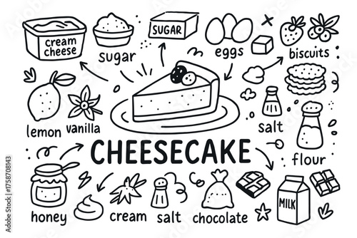 Cheesecake recipe ingredients: sugar, eggs, cream cheese, biscuits, vanilla, lemon