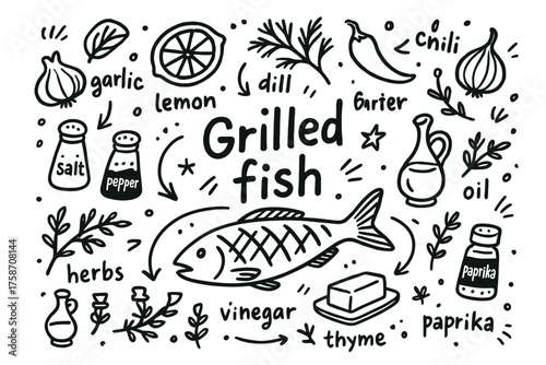 Grilled fish ingredients: garlic, lemon, herbs, and spices illustration
