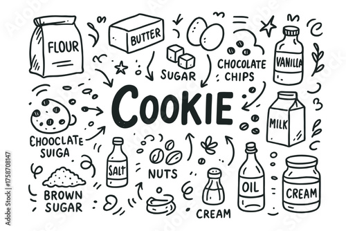 Hand-drawn cookie ingredients: butter, flour, sugar, chocolate chips, milk, vanilla, oil