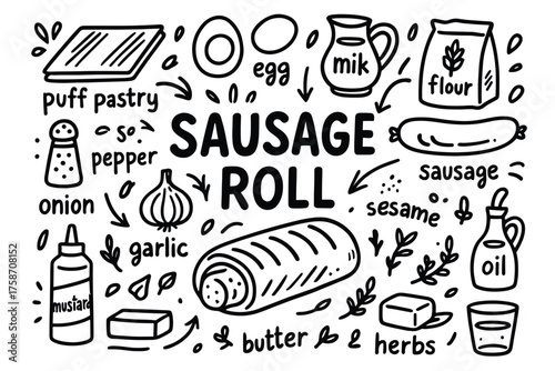 Sausage roll ingredients and cooking elements illustration with doodles