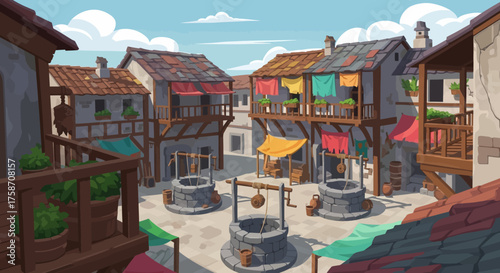 Charming Medieval Town Square with Stone Wells and Colorful Buildings.