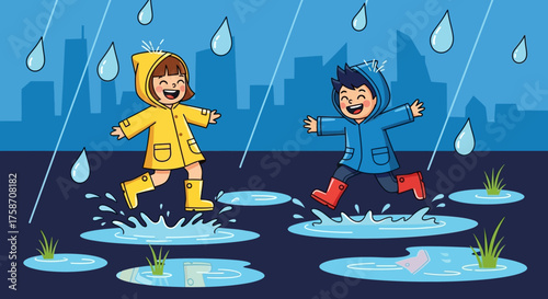 Children Joyfully Playing in Puddles During Rainy Weather.