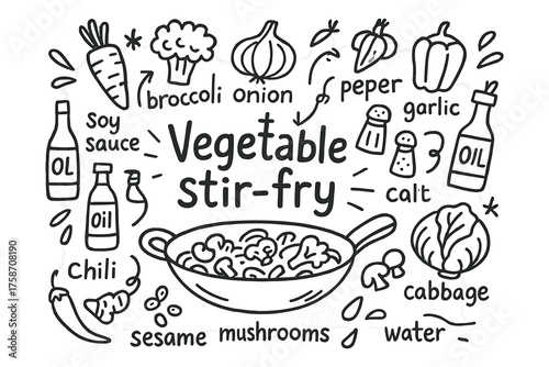 Vegetable stir-fry ingredients illustrated with pan and seasonings
