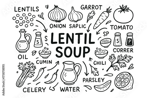 Lentil soup recipe elements illustration with vegetables and spices