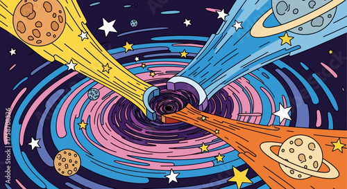 Cosmic Black Hole with Planets and Stars Illustration.