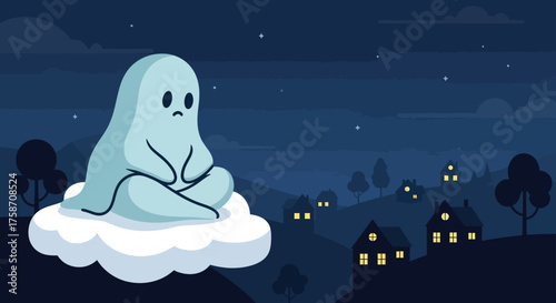 Cute blue ghost meditating peacefully on a fluffy white cloud.