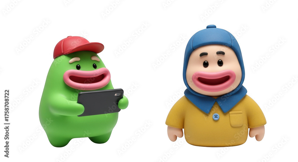 Fototapeta premium Two adorable cartoon characters one green blob and one yellow dressed figure standing side by side