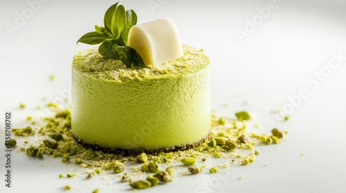pistachio mousse cake with small piece of white chocolate on top