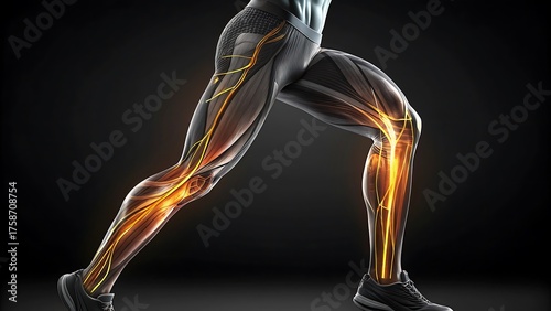 Anatomical illustration of human legs with glowing nerves and muscles
