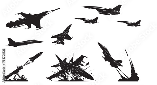 Air combat silhouette set. Vector collection of fighter jets, missile launches, and military aircraft in action.
