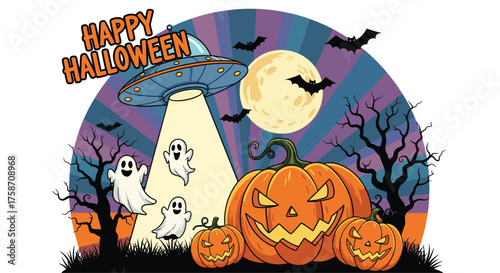 Spooky Halloween night with pumpkins, ghosts and UFO abduction under the moonlight, perfect for Halloween events, holiday cards and spooky seasonal fun