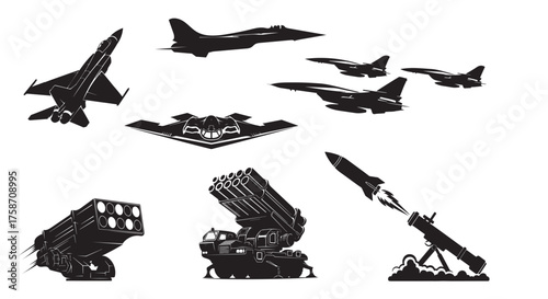 Military armament silhouette collection. Vector icons of fighter jets, missile launchers, and air defense systems.